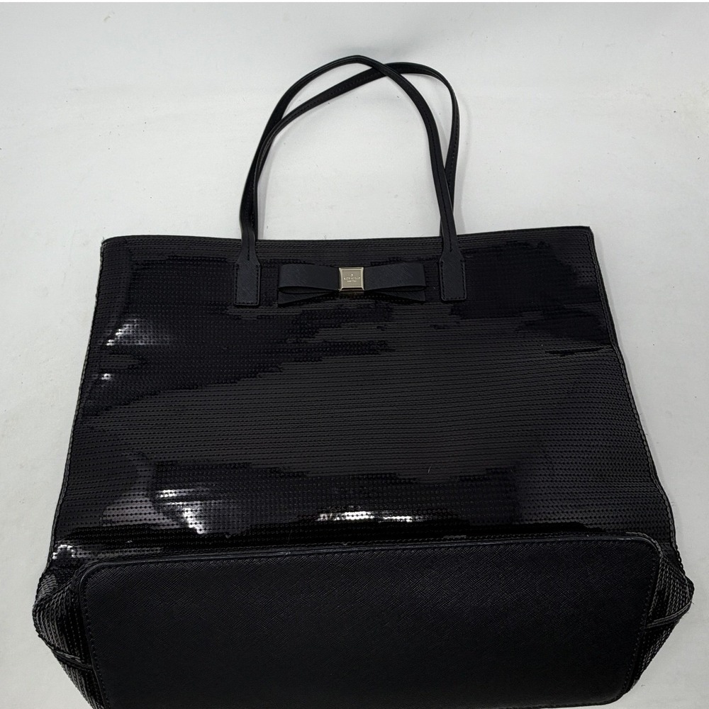 Share Kate Spade NY Salinas Black Sequin Leather Tote Bag Bow Shoulder Bon